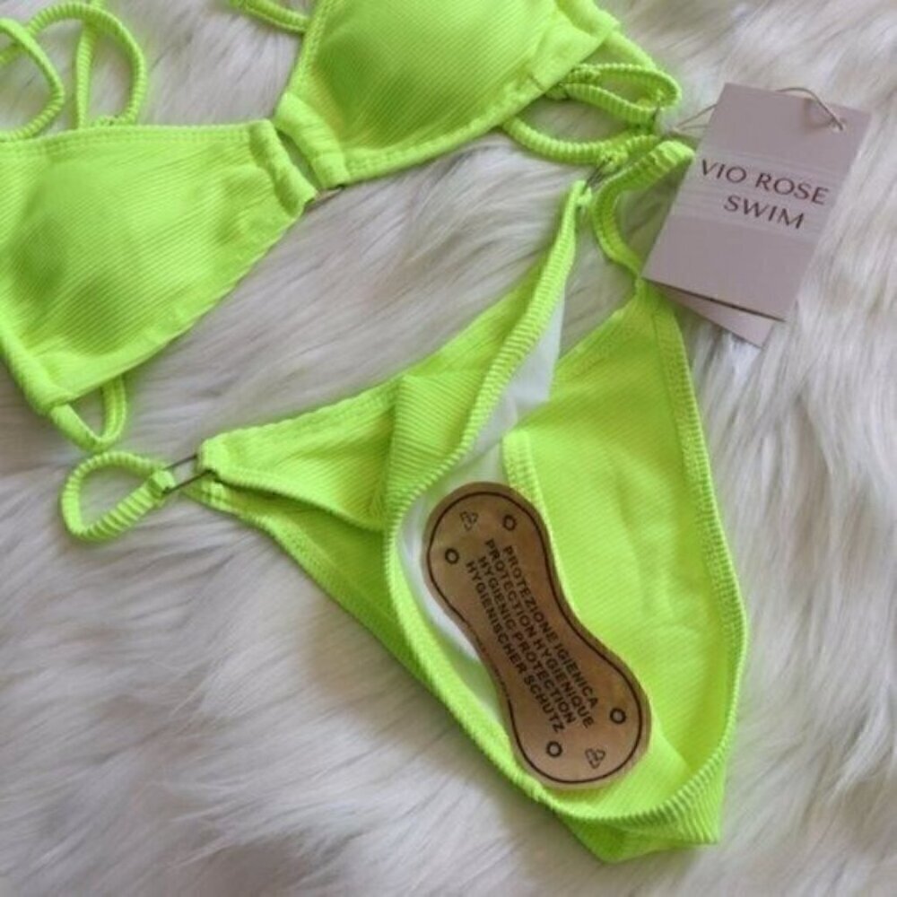 NWT Neon Green Bikini Set Size Large Ribbed Sexy Bathing Suit - Picture 6 of 9